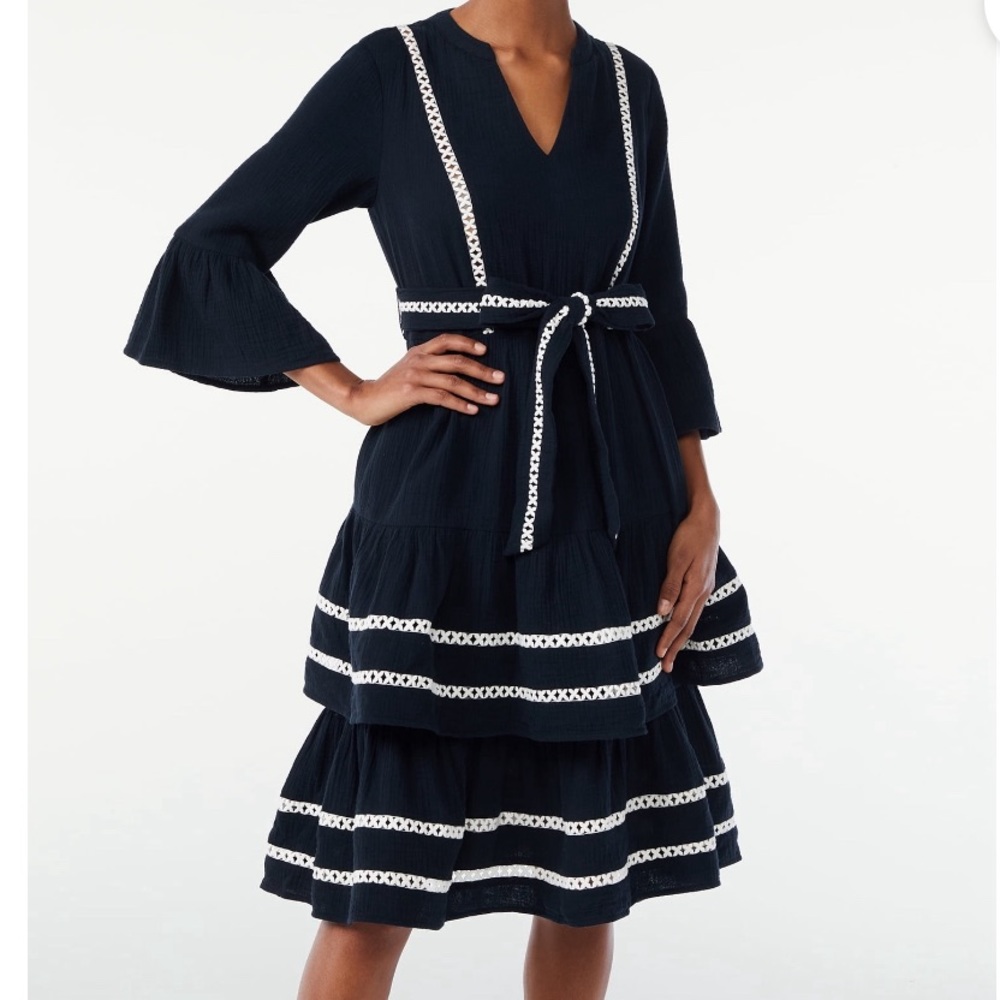 Scoop Women's 3/4 Sleeve Lace Detail Tiered Mini Dress
